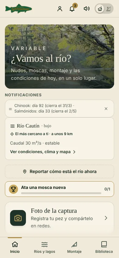 Pantalla de inicio de la app variable en la beta: río más cercano, caudal y accesos rápidos