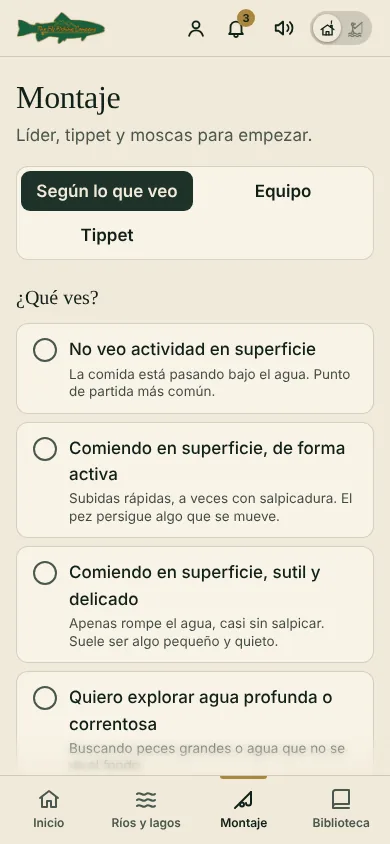 Pantalla de montaje en la beta de variable: qué ves en el agua para sugerir líder, tippet y moscas
