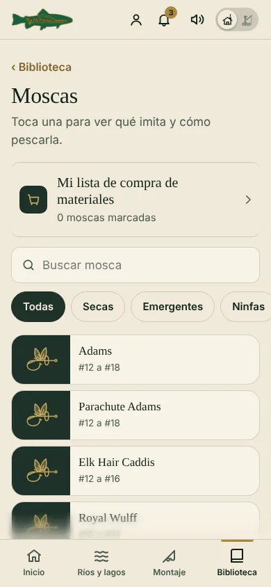 Biblioteca de moscas en la beta de variable, con secas, emergentes y ninfas
