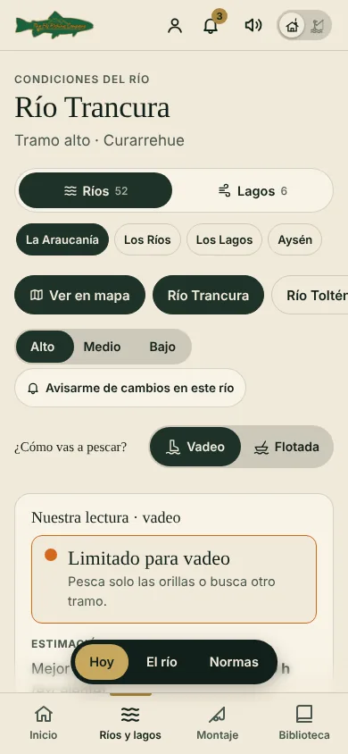 Pantalla de condiciones del río en la beta de variable, con la lectura del día para vadeo