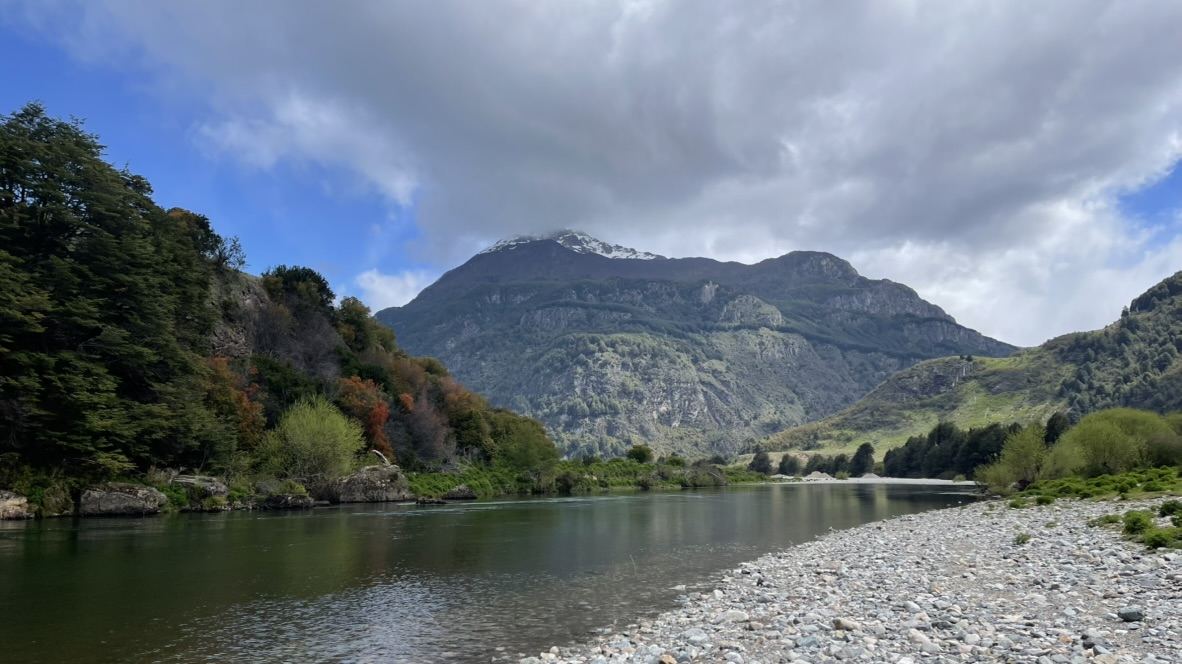 Río de montaña con bosque nativo y orilla de piedras en el sur de Chile